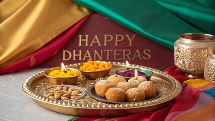 Celebrate Dhanteras festive thali filled with golden katori sweets and glowing diyas.