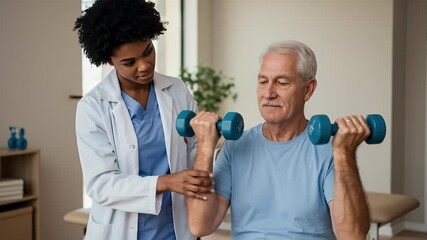 Therapy Session Elderly Man Lifts Dumbbells With Female Therapist Support - Powered by Adobe