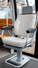 Comfortable ski lift seat inside mountain gondola during winter season with snow-covered landscape visible through the windows