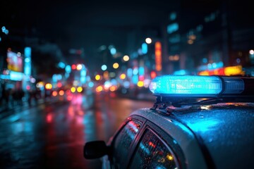 Police car with flashing blue lights parked on a wet street at night, illuminated by colorful neon signs, creating a vibrant urban atmosphere and highlighting emergency response