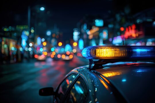 Police car with illuminated siren lights parked on a city street at night, surrounded by vibrant bokeh lights, capturing the essence of urban nightlife and law enforcement presence