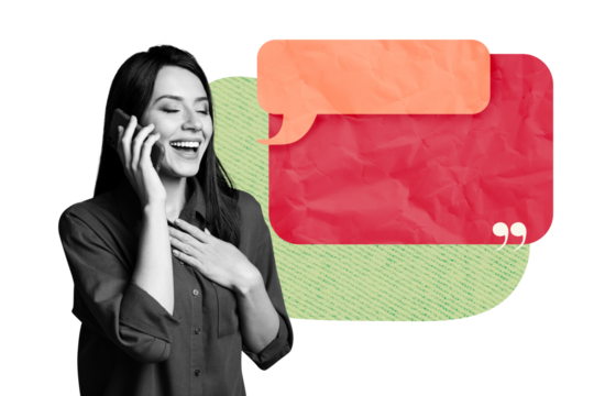 Composite trend artwork image photo collage of speech cloud chatting app social media textbox young lady stand smartphone call talk smile