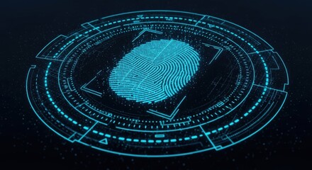 Digital fingerprint scan displayed on a dark background with glowing blue lines and dots representing advanced technology in security