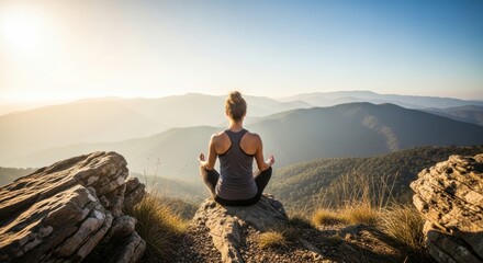 Fototapeta premium Meditation at sunrise on a mountain peak with valley view