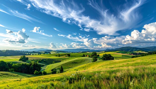 Vibrant summer landscape with rolling green hills.
