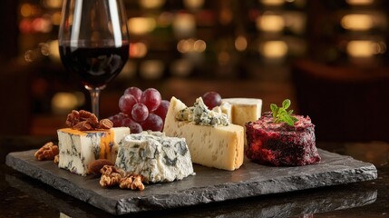 Assorted gourmet cheeses with grapes and red wine on slate board