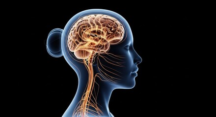Detailed representation of the human brain structure with visible neural pathways in a female silhouette against a dark background