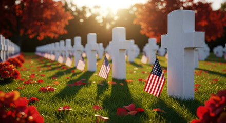 White gravestones adorned with American flags stand in a serene cemetery, surrounded by vibrant autumn foliage and fallen petals, symbolizing remembrance and honor on a solemn day