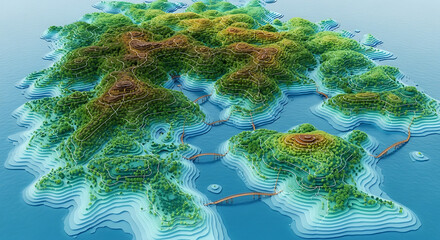 Abstract 3D rendering of a colorful voxel landscape showing an interconnected island archipelago, representing a digital network or metaverse