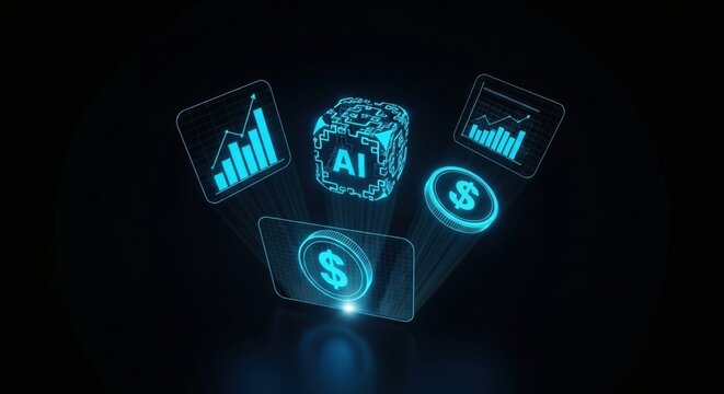 Holographic icons of finance dashboard — bar chart, AI logo, coin, and dollar symbol — glowing bright blue light, floating in digital space, solid black background, futuristic fintech visualization