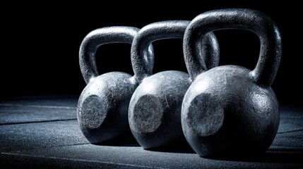 Professional kettlebells in dramatic lighting on a fitness surface
