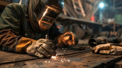 A welder is working on a metal surface with sparks flying in a workshop, wearing a protective mask and gloves, focusing on the welding process with tools and equipment nearby in a dimly lit environmen