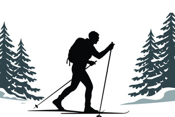 Silhouette of a Person Snowshoeing in Winter Mountain Landscape – Outdoor Adventure, Hiking, and Winter Sports Vector Illustration