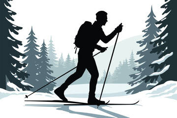 Silhouette of a Person Snowshoeing in Winter Mountain Landscape – Outdoor Adventure, Hiking, and Winter Sports Illustration