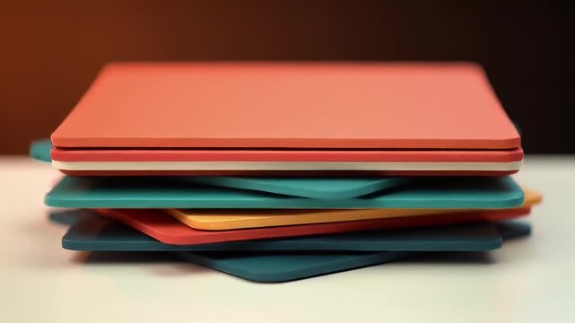 Stacked colorful geometric shapes with rounded corners on a white surface