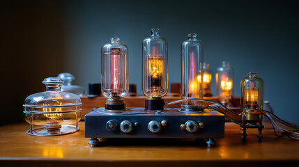 Retro science equipment with glass tubes and flasks, warm laboratory light, academic nostalgia, curiosity and discovery, mid-century innovation, analog instruments, vintage educati