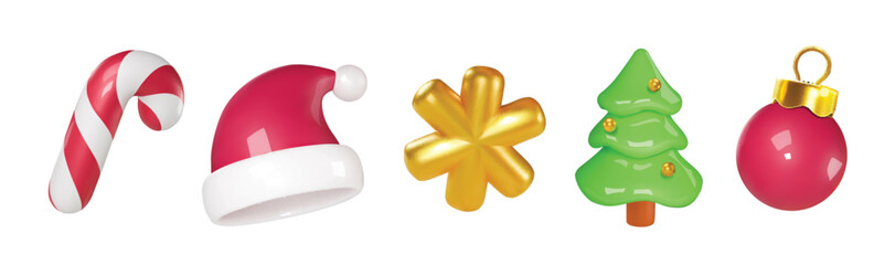 Obraz na płótnie Canvas Christmas and New Year holiday decorations 3d icons collection. Christmas tree, snowflake, candy cane, Santa hat, christmas ball and ornaments. cartoon set