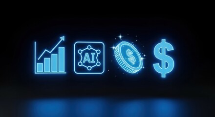 Holographic icons of finance dashboard — bar chart, AI logo, coin, and dollar symbol — glowing bright blue light, floating in digital space, solid black background, futuristic fintech visualization