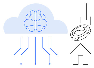 Brain within cloud network connected to smart home technology, coupled with digital coin falling toward a house. Ideal for AI, innovation, IoT, finance, smart living, connectivity, simple flat