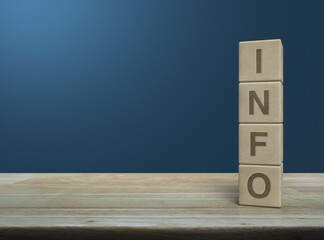 Info letter on wood block cubes on wooden table over light blue wall, Business customer service and support concept
