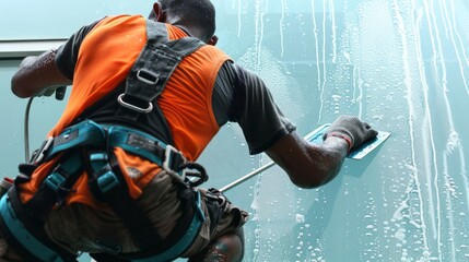 A window cleaner diligently cleans a tall buildings glass facade, suspended by ropes and wearing safety gear, ensuring a spotless view with focused effort and professional precision, high above the ci