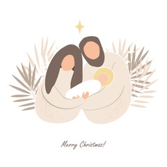 Christmas nativity scene of baby Jesus, Mary and Joseph. Hand drawn stylized bible illustration clipart isolated. Cartoon vector illustration in Scandinavian style