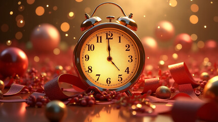 A gold clock showing five minutes to midnight, surrounded by ribbons and decorations