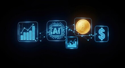 Holographic icons of finance dashboard — bar chart, AI logo, coin, and dollar symbol — glowing bright blue light, floating in digital space, solid black background, futuristic fintech visualization