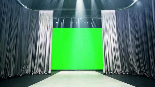 Luxury catwalk or fashion runway stage set with shiny silver/grey curtains, dramatic spotlights, and a large central green screen backdrop
