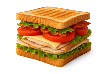 Stacked toasted sandwich with lettuce, tomato, turkey slices, and cheese between crusty bread