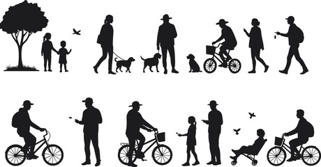 Outdoor activity silhouettes, family lifestyle, walking dog, cycling, parenting, nature interaction, black vector icons, people and animals, community scene illustration