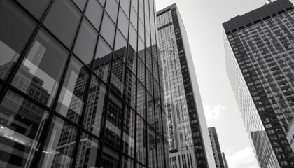 Fototapeta premium A striking black and white image capturing the glassy facades of skyscrapers in a business district