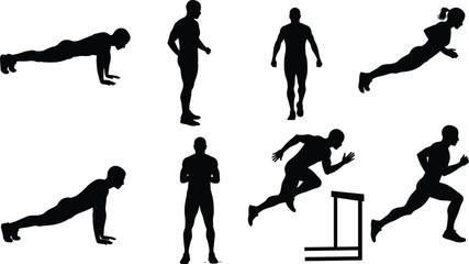 Fitness silhouette vector, athletic workout poses, running and push-up illustration, black sports figure set, exercise movement icons, track and field design