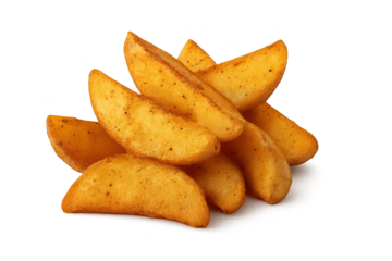 Golden, crispy potato wedges piled together, seasoned with herbs