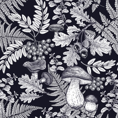 Seamless black and white pattern. Acorns, oak tree branches, mushrooms, fern leaves, rowan berries on dark background. Vector