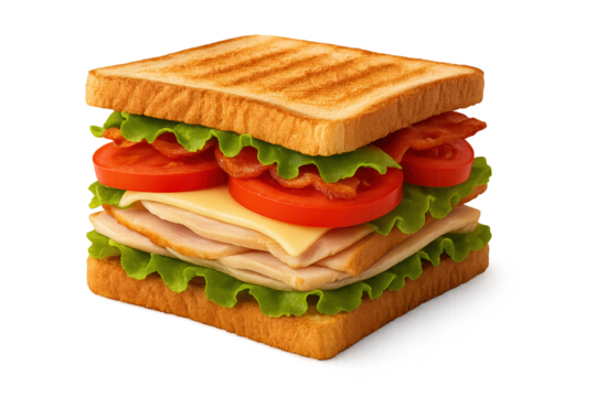 Stacked toasted sandwich with lettuce, tomato, turkey slices, and cheese between crusty bread