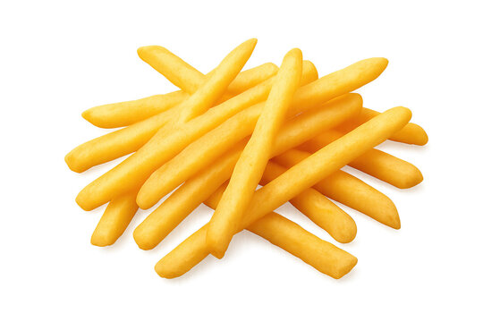 Golden, slender potato fries piled on transparent background