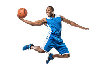 African American Basketball Player Jumping with Ball