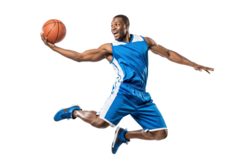 African American Basketball Player Jumping with Ball

