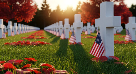 White gravestones adorned with American flags stand in a serene cemetery, surrounded by vibrant autumn foliage and fallen petals, symbolizing remembrance and honor on a solemn day