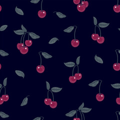 Navy blue pattern. Seamless berry cherry background. Vector