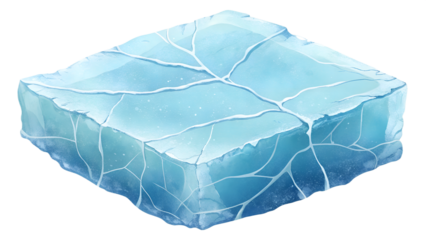 Small chunk of floating ice with blue tint and fine cracks, isolated on transparent background, realistic cold lighting and translucency.