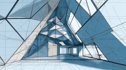 Abstract geometric interior architectural drawing with faceted triangular panels.