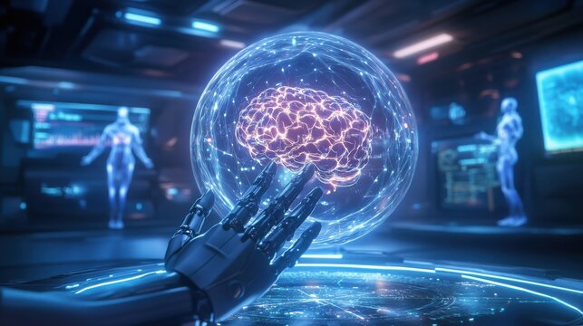 Robotic hand examining holographic human brain in futuristic lab