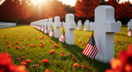 White gravestones adorned with American flags stand in a serene cemetery, surrounded by vibrant autumn foliage and fallen petals, symbolizing remembrance and honor on a solemn day