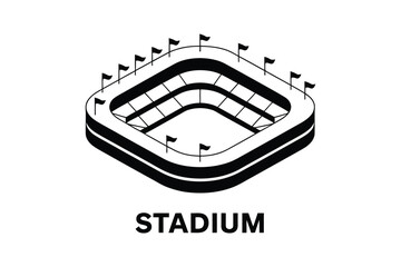Simple Black and White Vector Illustration of a Modern Stadium with Flags and Text – Minimalist Sports Arena, Football or Soccer Field Graphic Design