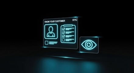 KYC identity verification holographic interface, icons of user profile, checklist, and eye symbol glowing bright cyan, transparent neon effect, solid black background, futuristic security validation d