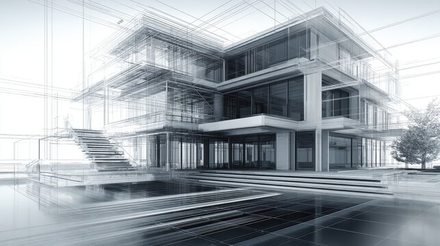 Sophisticated 3D Wireframe Render of a Modern Geometric Architectural House Design - Powered by Adobe