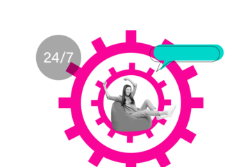 Composite trend artwork sketch image collage of 24 7 service support help customer client speech cloud young lady sit beanbag cogwheel