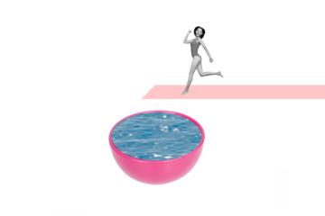 Composite photo collage of happy girl run jump bowl water pool summer atmosphere travel swim hobby isolated on painted background